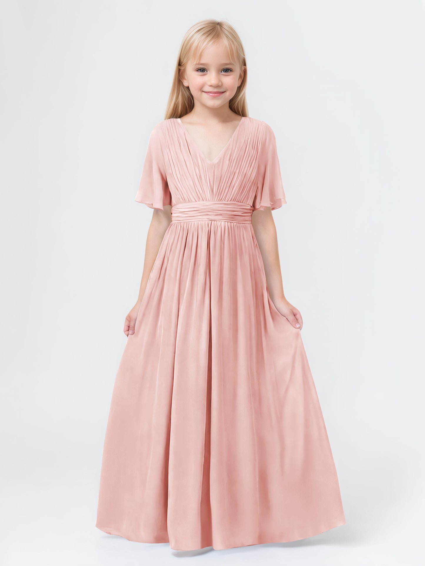 A-Line V-neck Short Sleeves Chiffon Junior Bridesmaid Dresses
