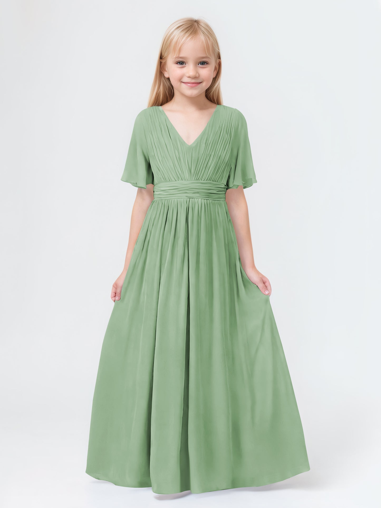 A-Line V-neck Short Sleeves Chiffon Junior Bridesmaid Dresses