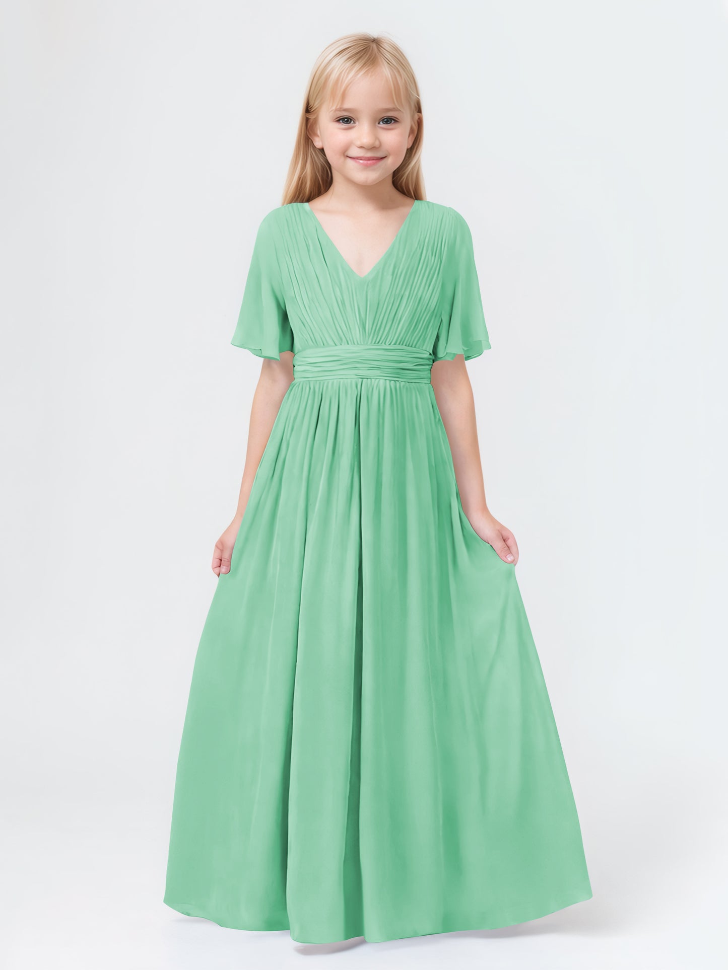 A-Line V-neck Short Sleeves Chiffon Junior Bridesmaid Dresses