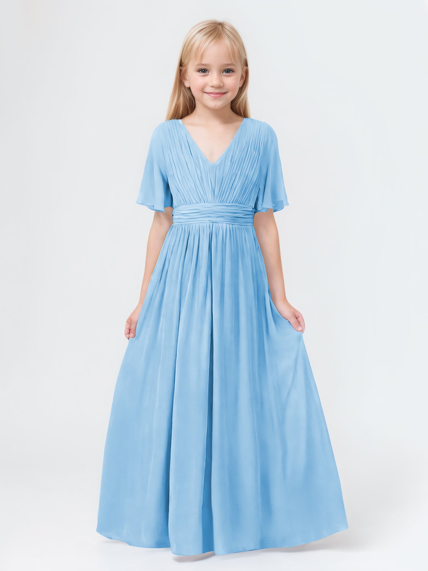 A-Line V-neck Short Sleeves Chiffon Junior Bridesmaid Dresses