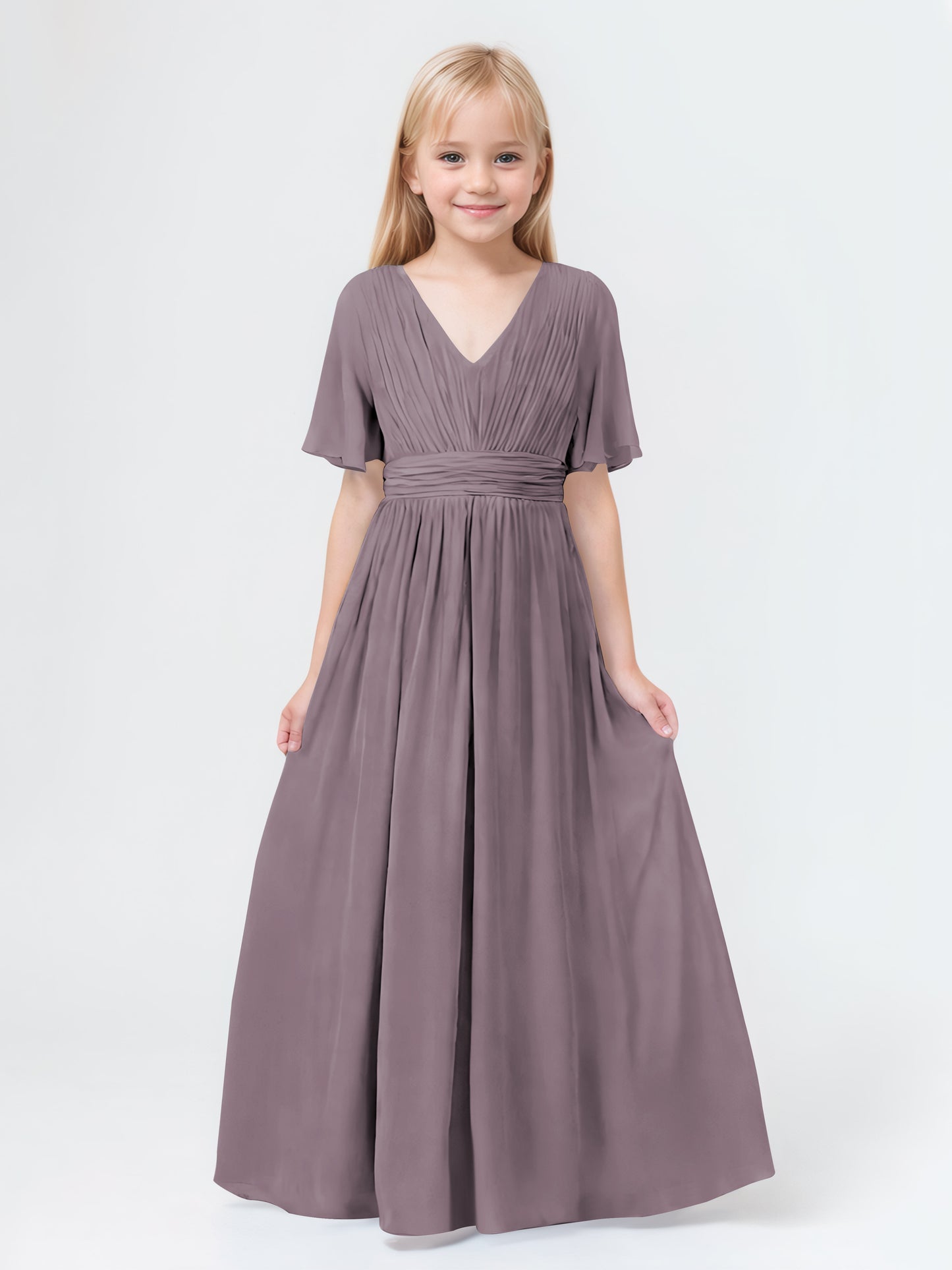 A-Line V-neck Short Sleeves Chiffon Junior Bridesmaid Dresses