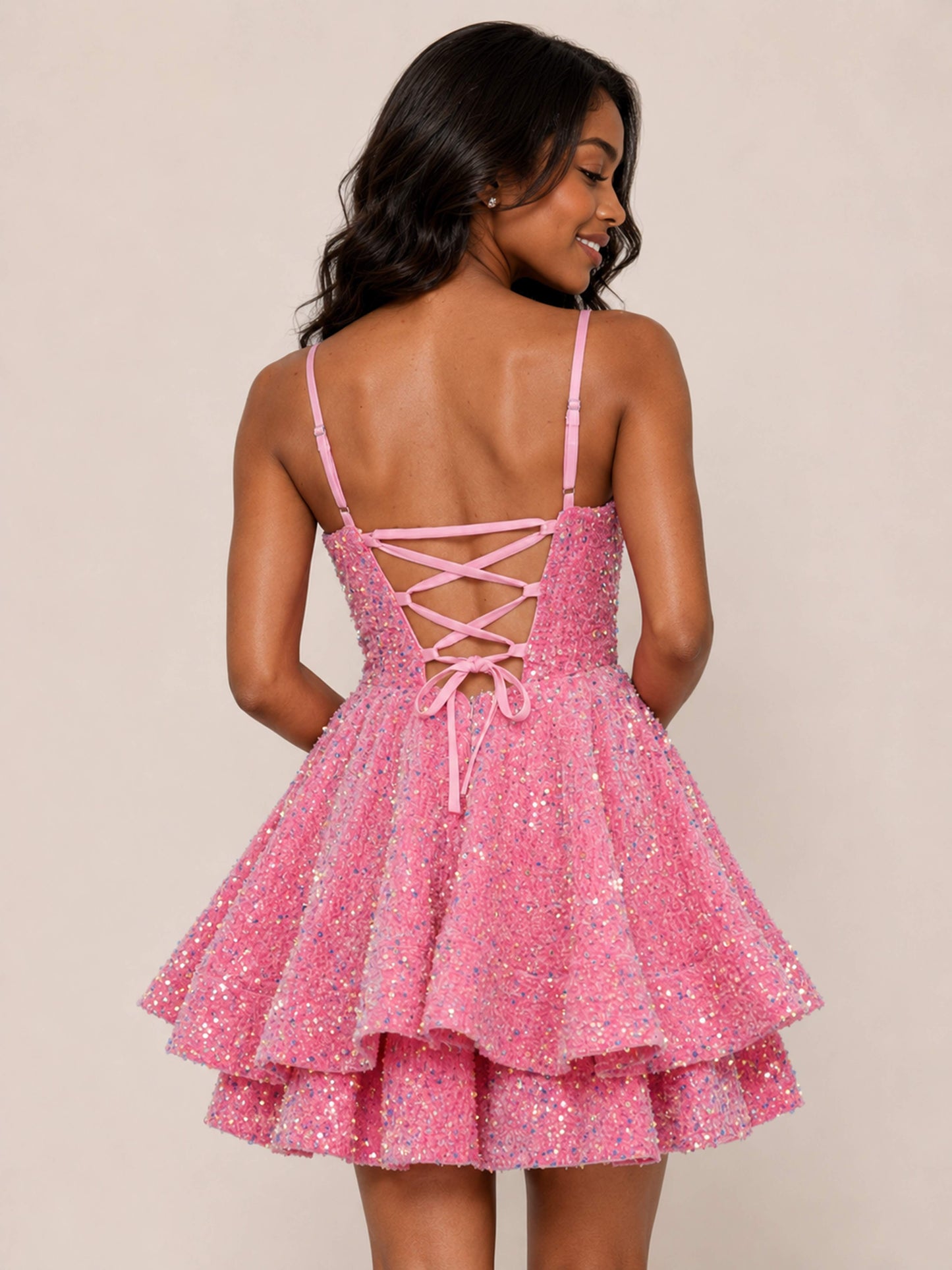 Alinae A-Line Sequin Spaghetti Straps V-Neck Tiered Ruffle Mini Homecoming Dress