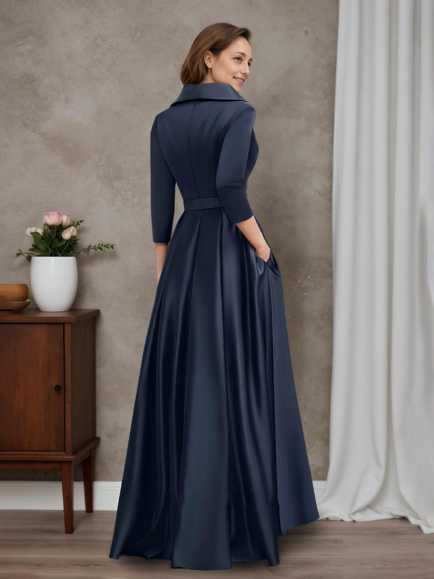 Annalise Stylish A-line V-Neck Collared Asymmetrical Satin Mother of the Bride Dresses With Bow