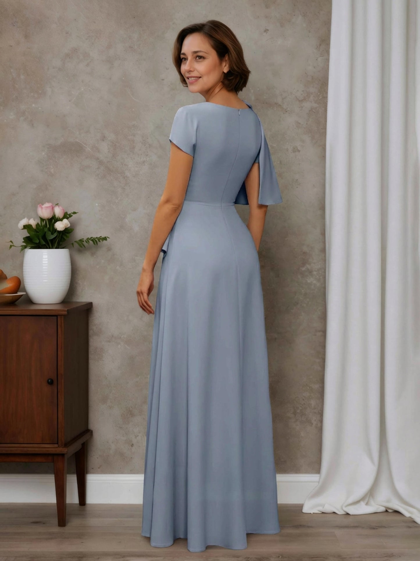 Anya Stylish A-line Scoop Short Sleeves Floor-Length Stretch Crepe Mother of the Bride Dresses with Ruffles