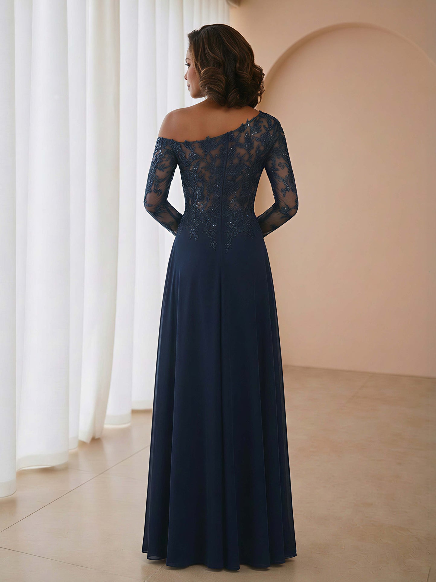 Aristelle Elegant A-Line One Shoulder Leg Slit Long Sleeves Mother of the Bride Dresses