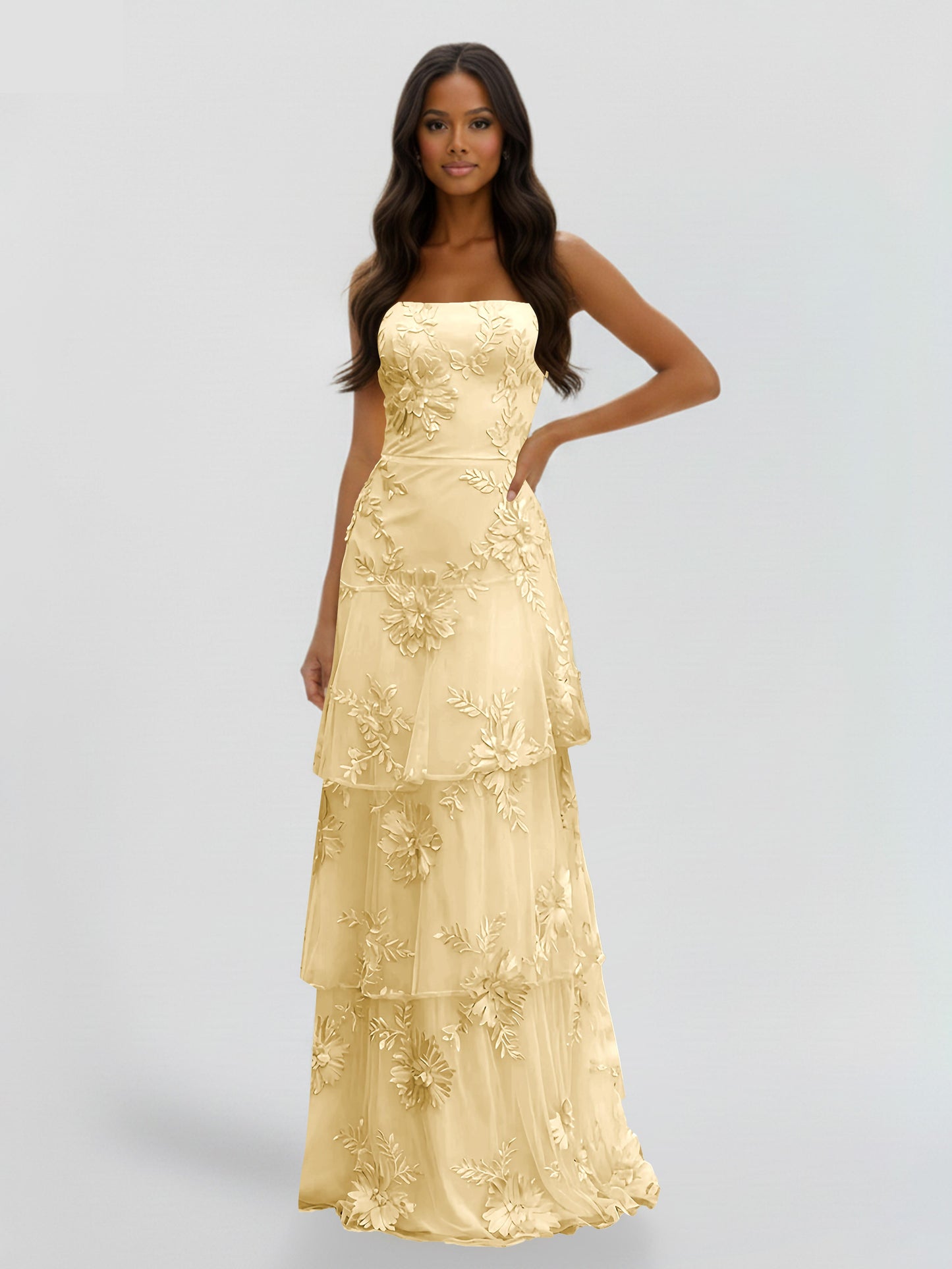 Avira A-Line Spaghetti Strap Floral Floor Length Tiered Prom Dresses
