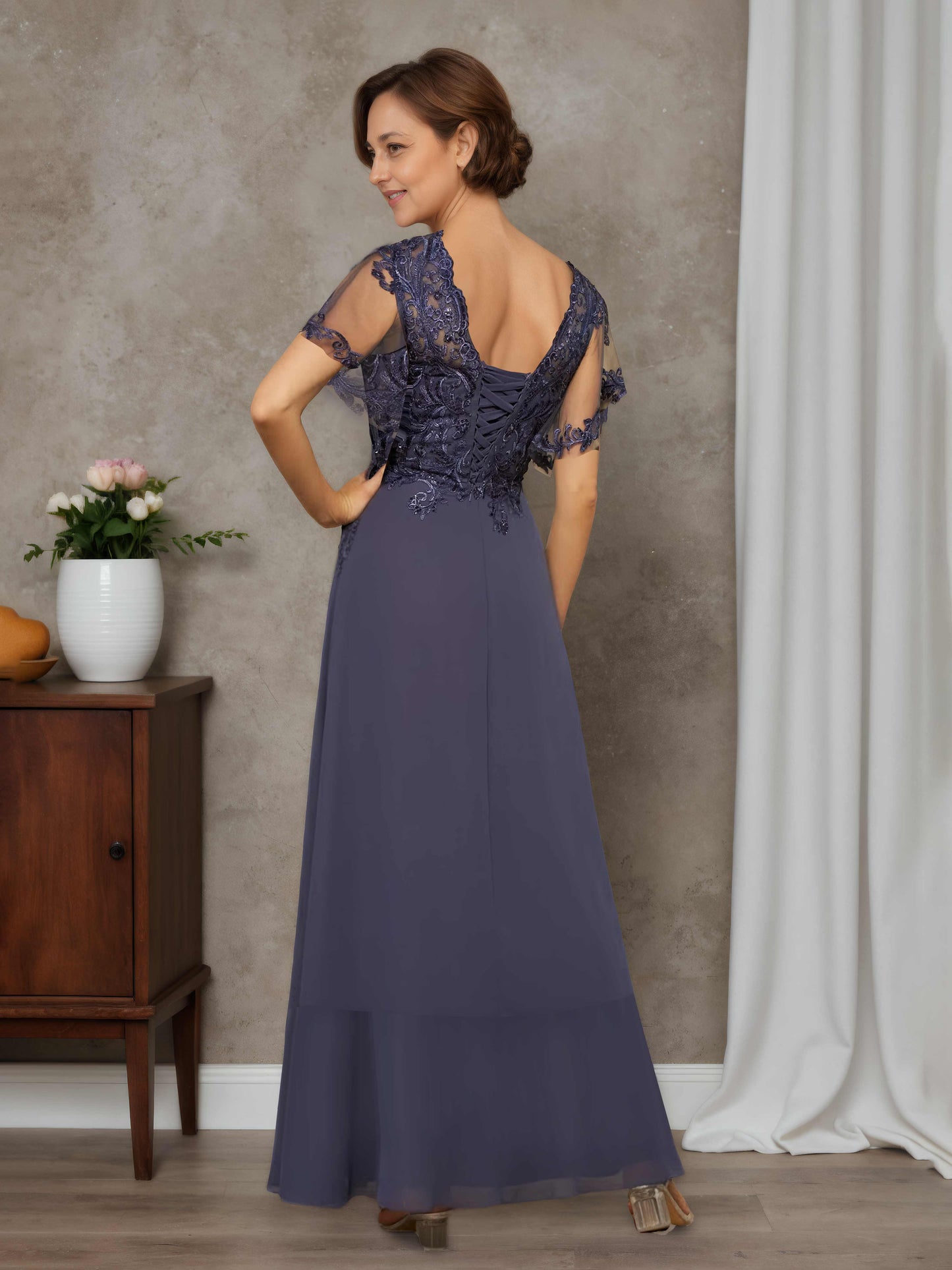 Calina Elegant A-line V-neck Short Sleeves Asymmetrical Chiffon Mother of the Bride Dresses with Appliques Lace