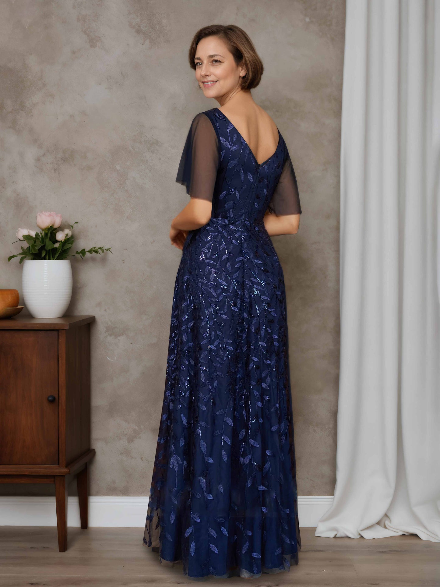 Cara Classic A-line V-neck Short Sleeves Sequin Asymmetrical Tulle Mother of the Bride Dresses