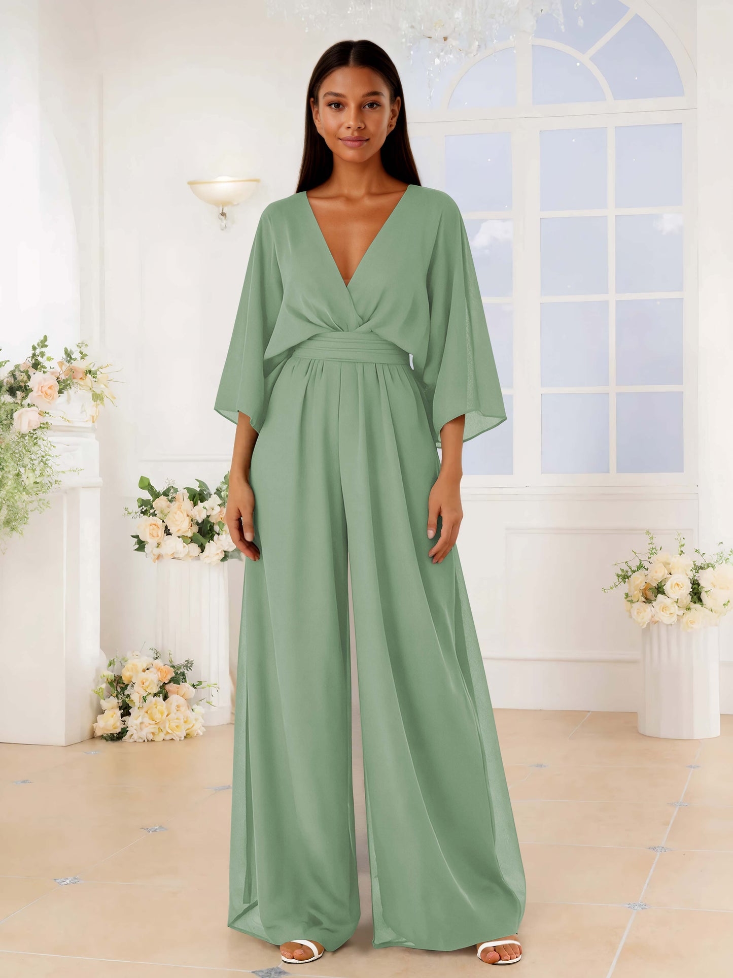 Charming V Neck Ruched Chiffon Jumpsuits For Bridesmaids