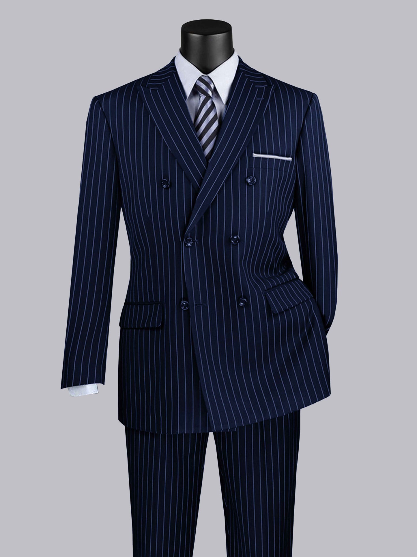 Classic 2 Pieces Men's Peak Lapel Double Breasted Vertical Stripe Suit For Prom & Business