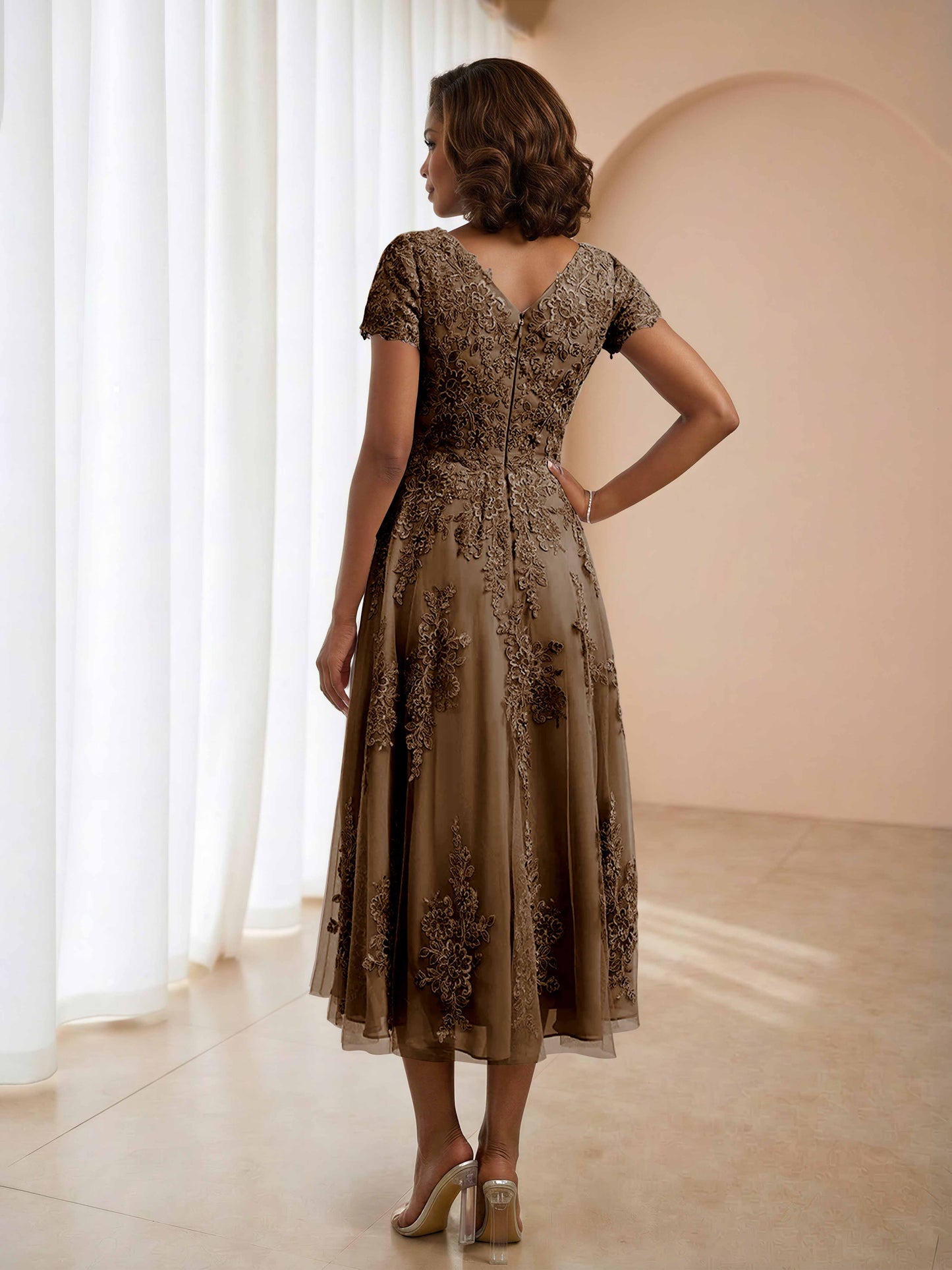 Cressida Graceful A-line scoop Tea-length Short Sleeves Tulle Lace Mother of the Bride Dresses