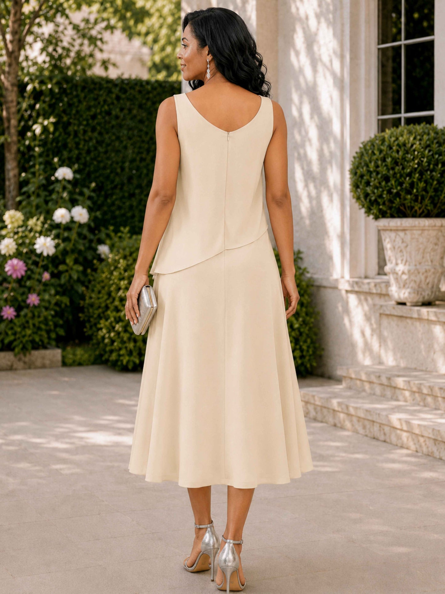 Daliah Elegant Cape Sleeves Tea Length Mother of Bride Dress with Ruffles