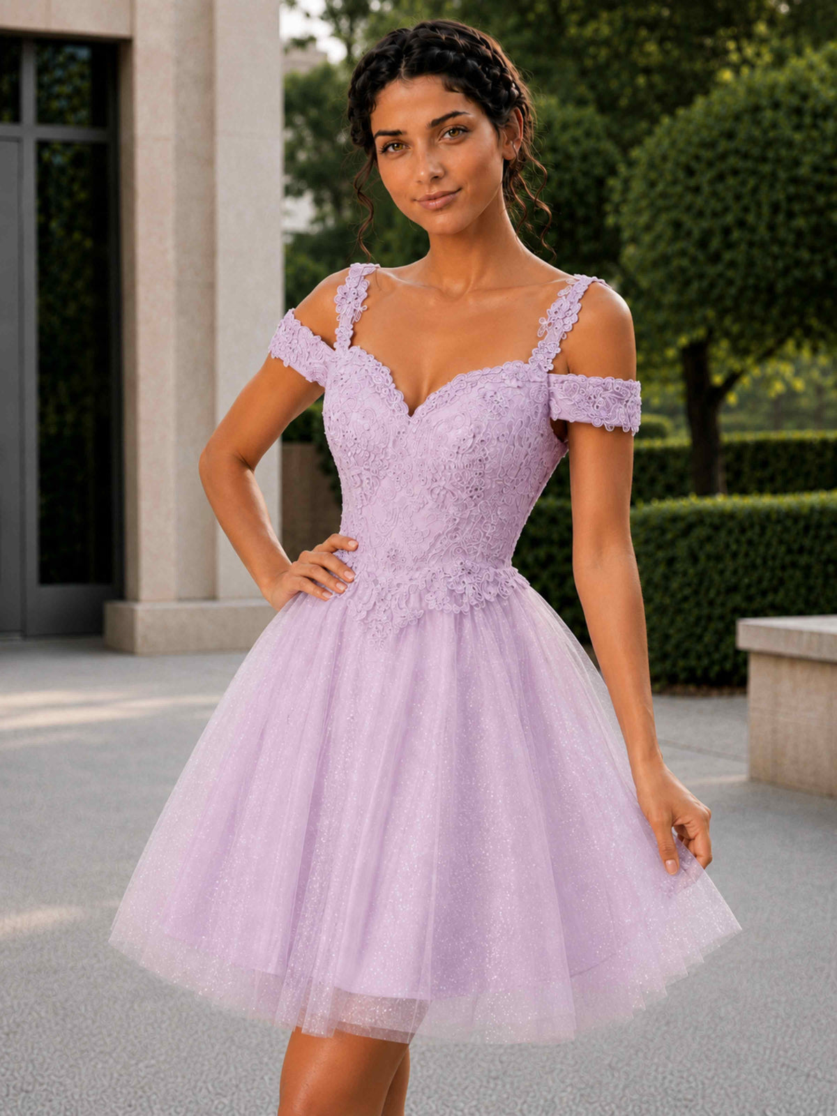 Delsa Off-the-Shoulder Lace A-Line Mini Homecoming Dress