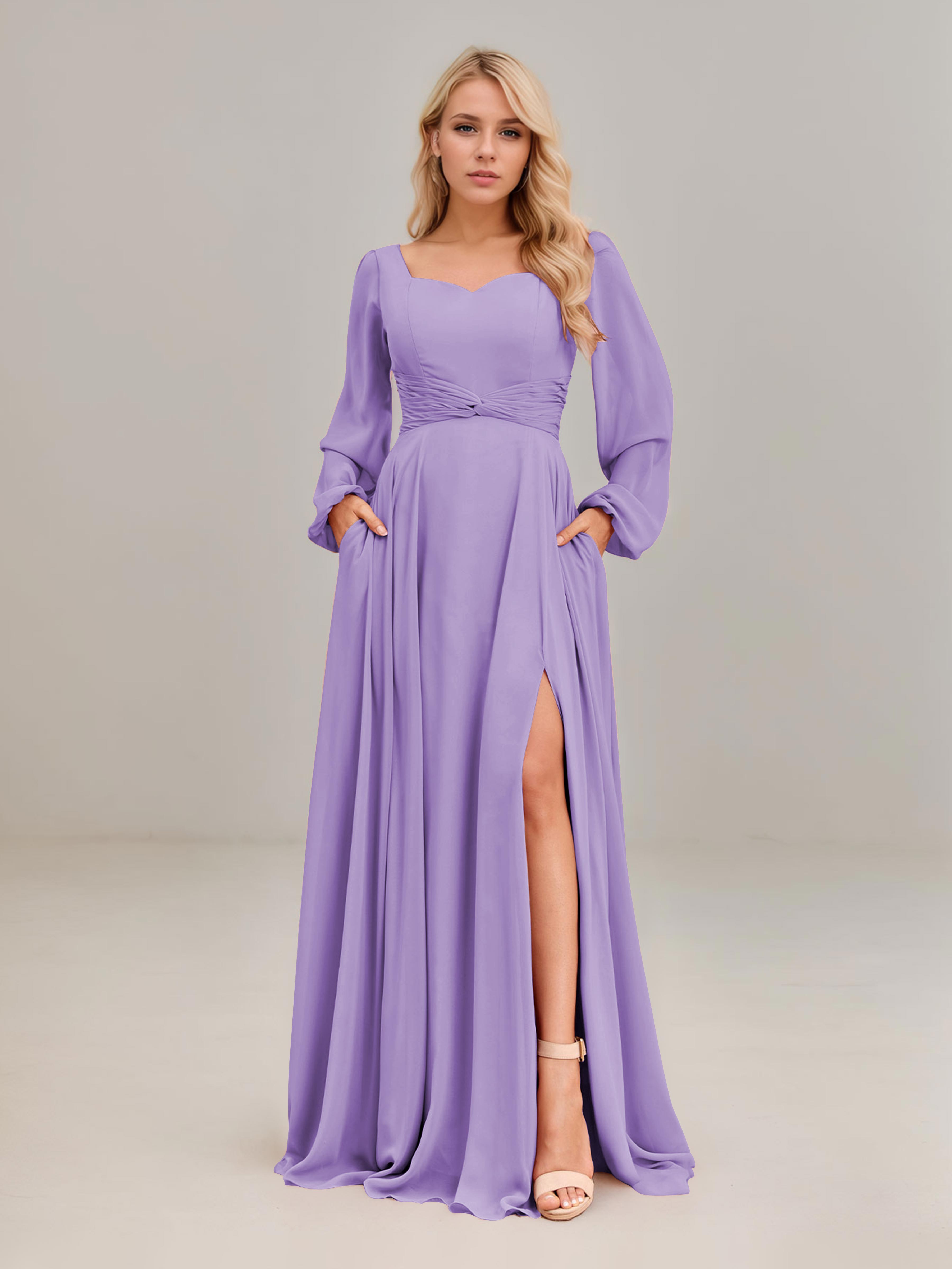 Delta Decent Long Sleeves Slit Pockets Floor Length Chiffon Bridesmaid – Cathnina