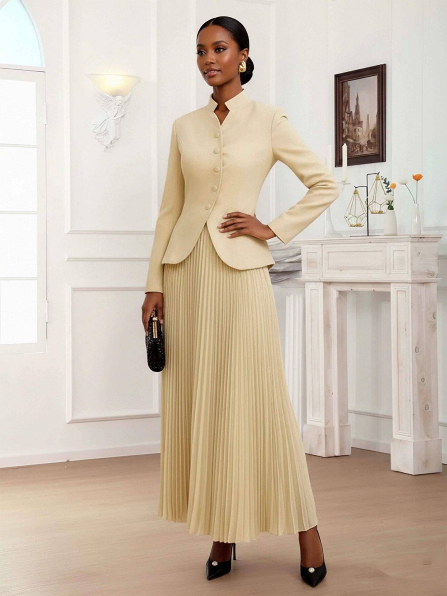 Elegant Women's 2 Pieces Slim Fit Five Buttons Blazer and Skirts Suit Set