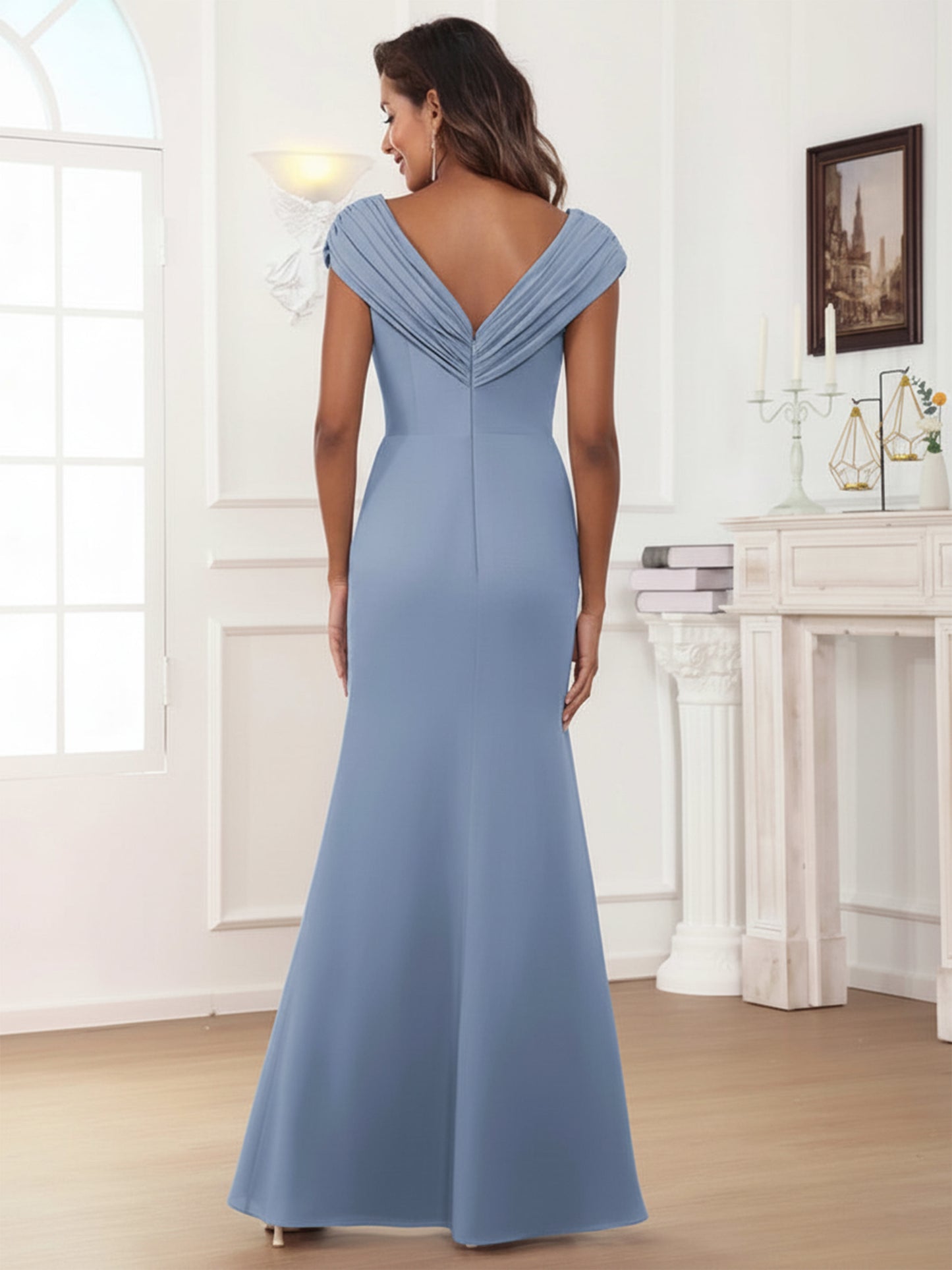 Evelin Elegant V Neck Ruched Sheath Floor Length Chiffon Mother of the Bride Dresses