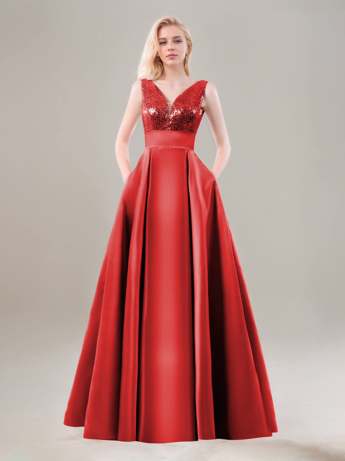 Gloriana Stunning V Neck Sequins Sleeveless A Line Long Satin Formal Dresses
