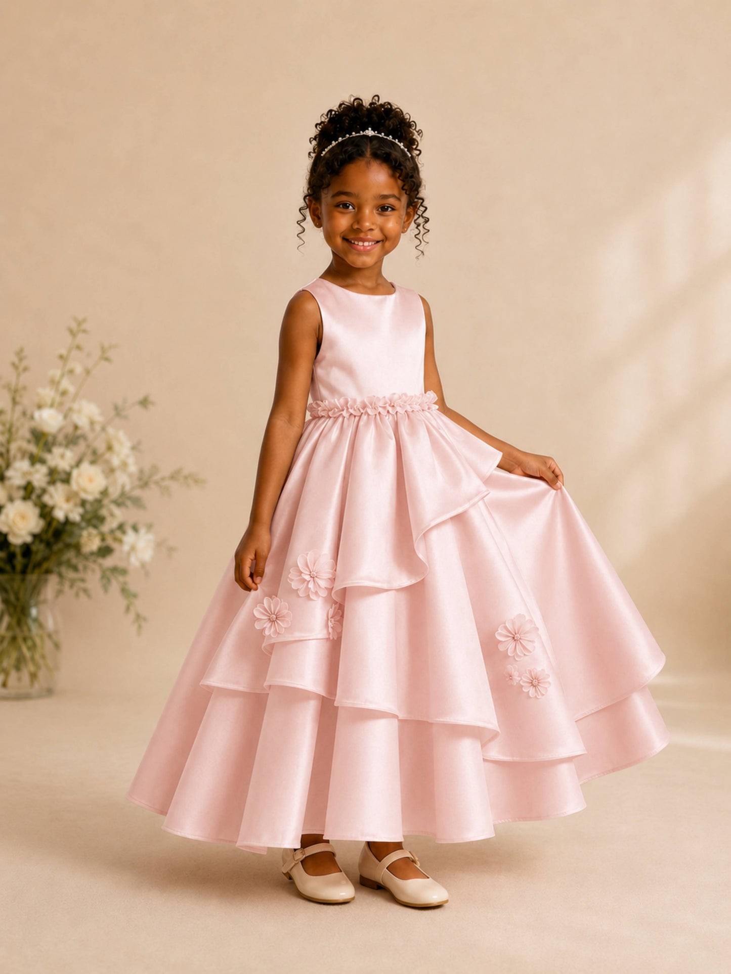 Graceful Sleeveless Tiered Satin Flower Girl Dress with 3D Floral Appliques
