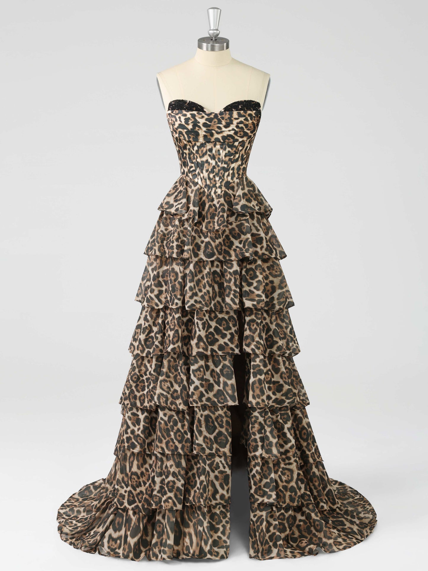 Graelith Sexy A-Line Strapless Leopard Print Corset Prom Dress with Tiered Ruffles & High Slit