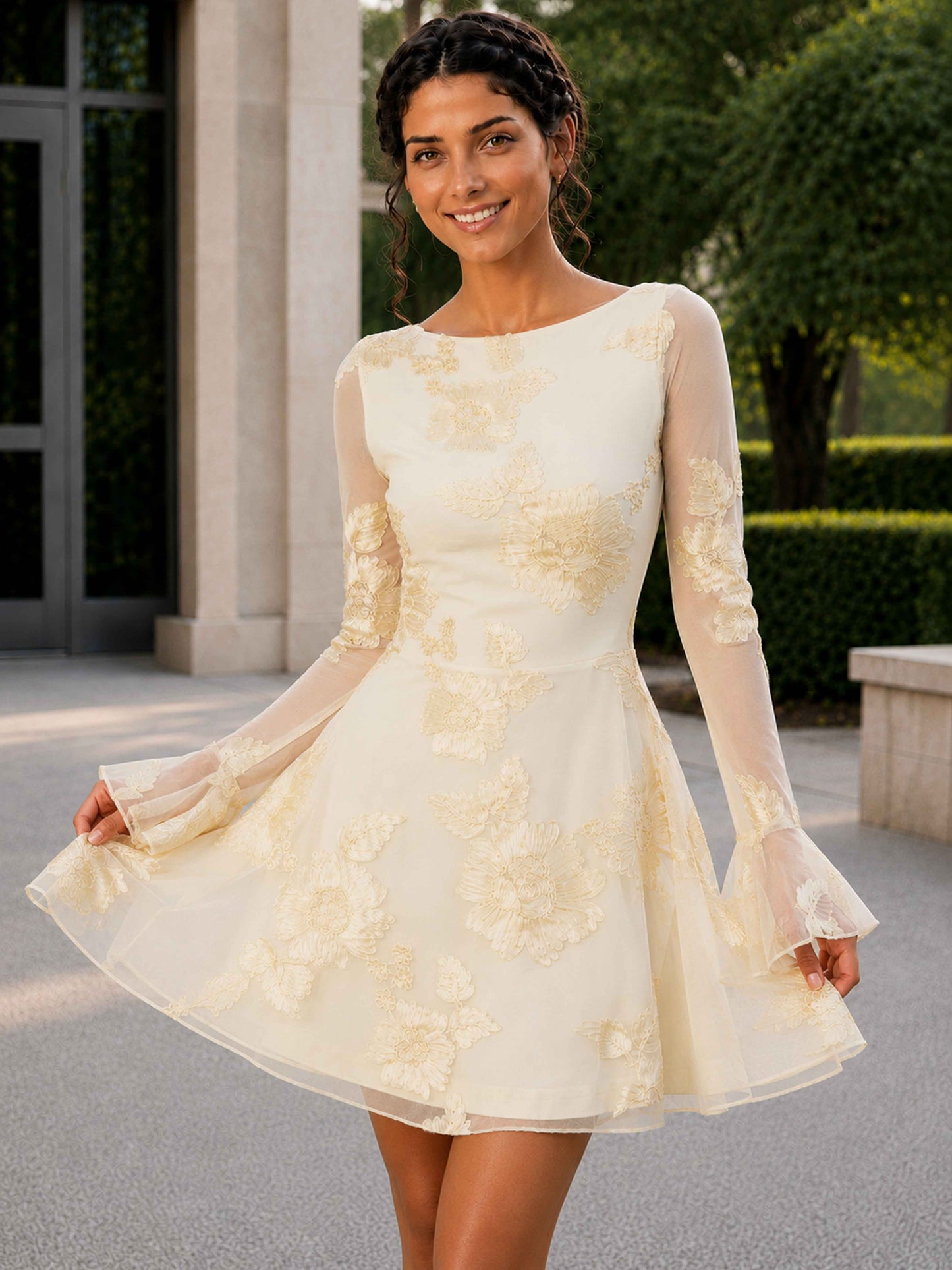 Havorya Floral Applique Tiered Ruffle Mini Homecoming Dress with Neck Tie