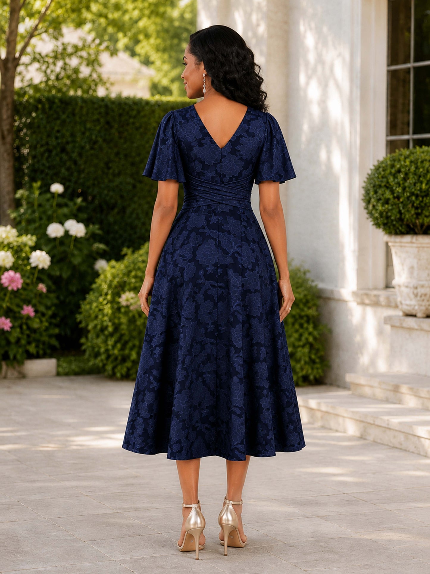Hazel Flattering A-Line V-Neck Tea Length Floral Mother of the Bride Dresses