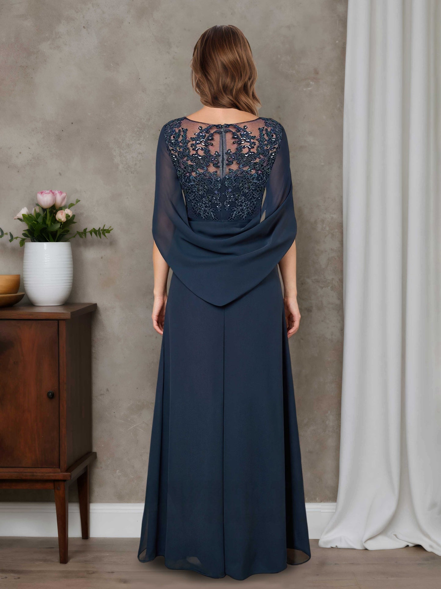 Jolira A-line Scoop Lace Appliques Chiffon Mother of the Bride Dresses WIth Cape