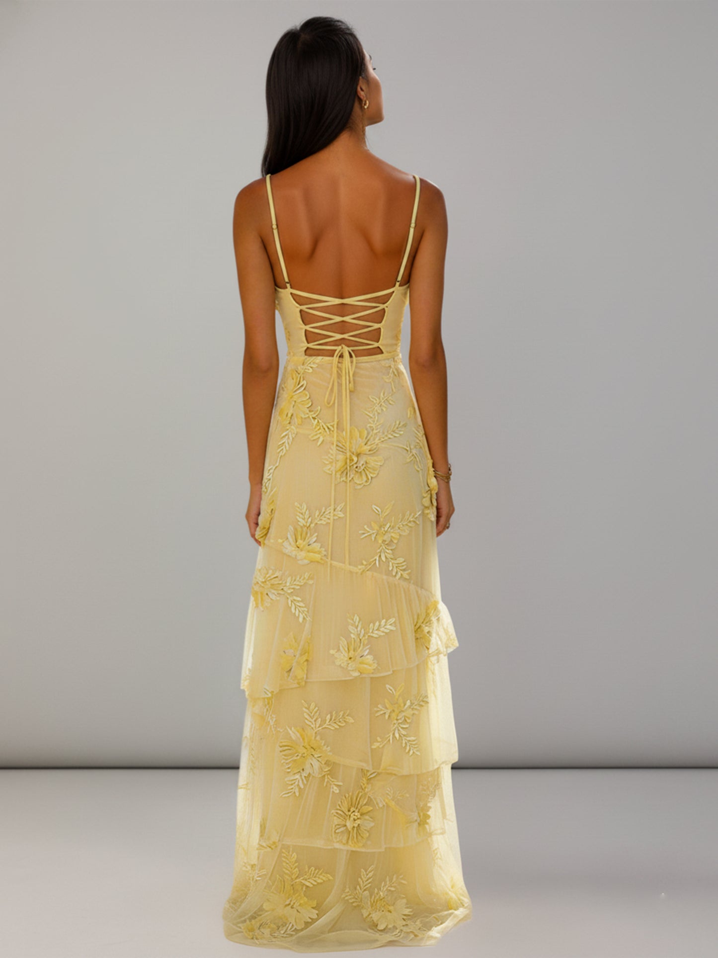 Kyra Spaghetti Straps Floral Ribbon Tiered Long Prom Dresses