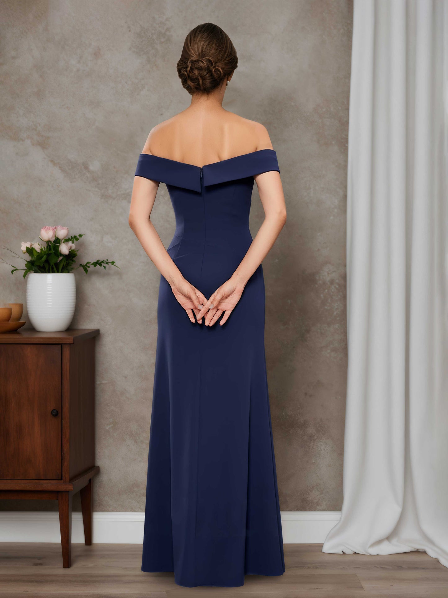 Maya Timeless Sheath Off-the-Shoulder Floor Length Stretch Crepe Mother of the Bride Dresses with Appliques Lace