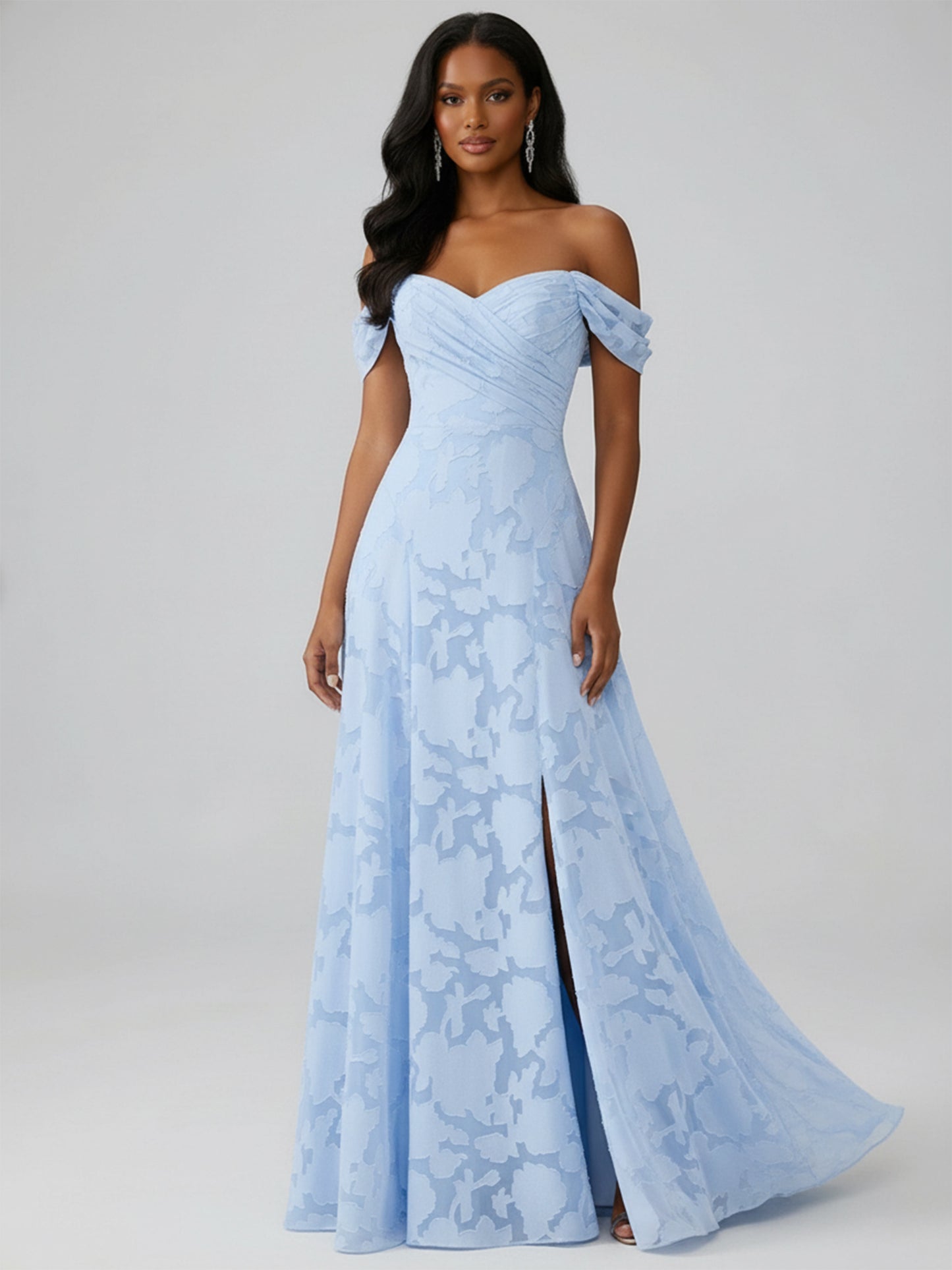 Mella A-Line Off the Shoulder Sleeveless Floor-Length Floral Lace Long Bridesmaid Dresses With Slit