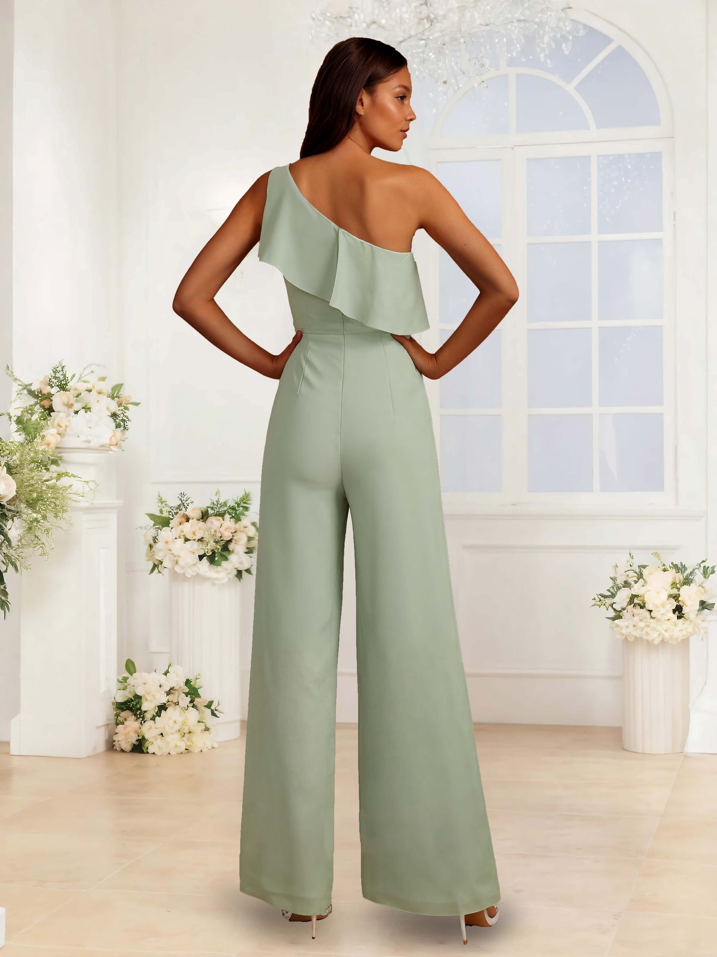 One Shoulder Floor-Length Chiffon Jumpsuits For Bridesmaids With Ruffles