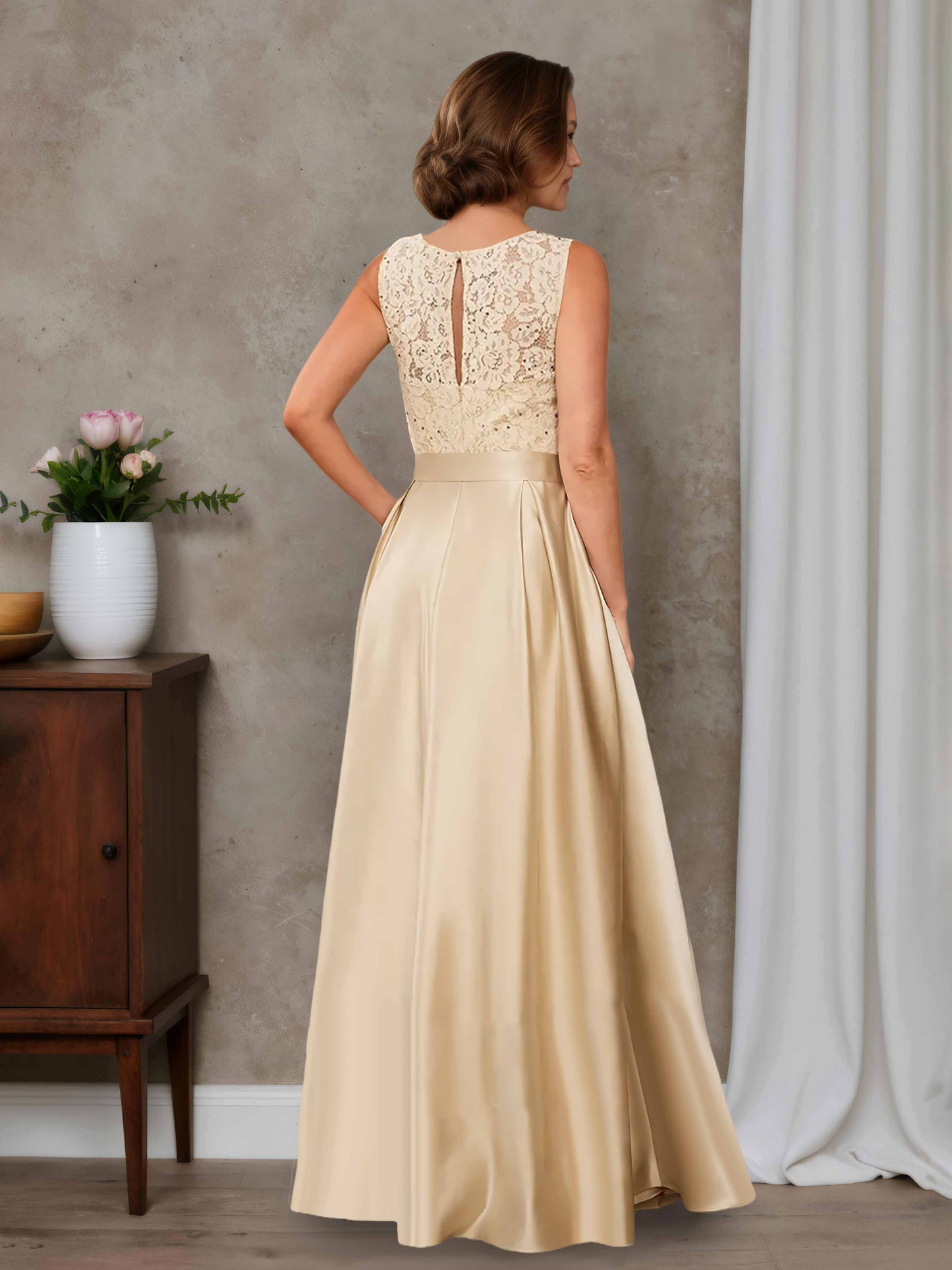 Ovelia Elegant A-line Illusion Lace Appliques Asymmetrical Satin Mother of the Bride Dresses