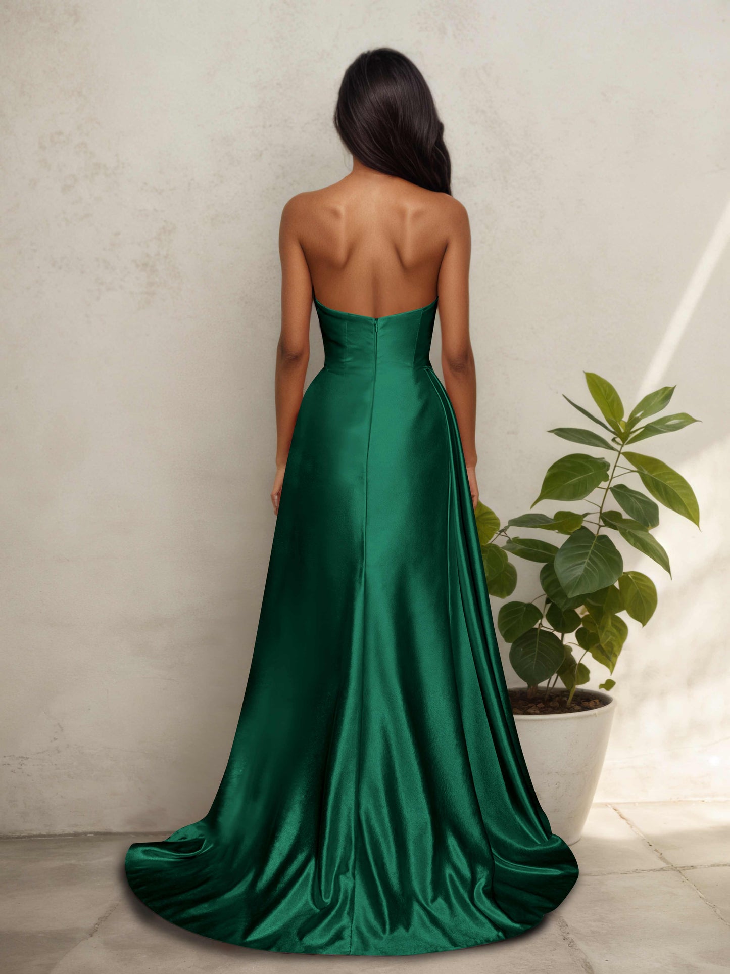 Quenla Delicate Fitted Satin Strapless Prom Dresses with Slit