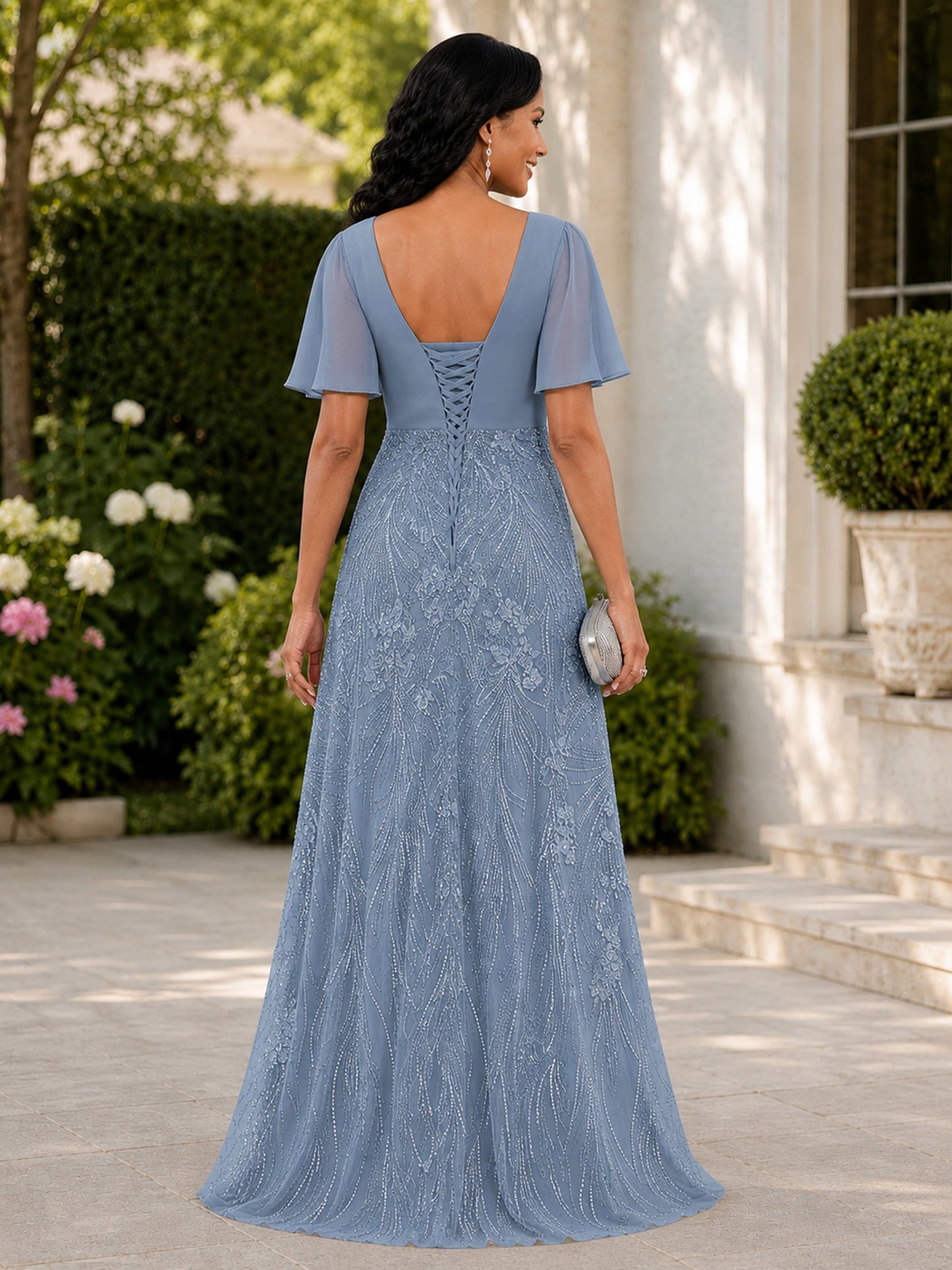 Seraphina A-Line V-Neck Short Sleeves Floor Length Mother of the Bride Dresses with Slit