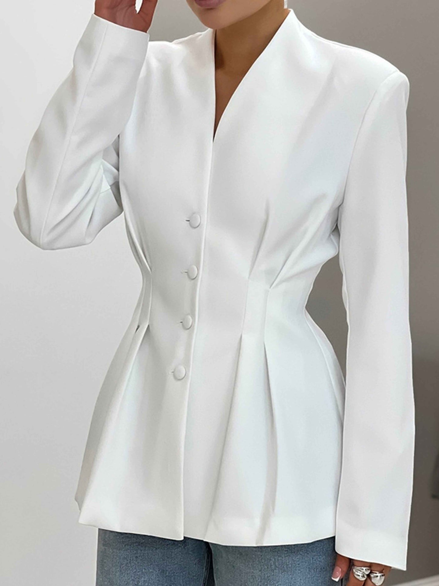 Slim Fit Women's Single Breasted Four Buttons Waist Ruched Suit Jacket