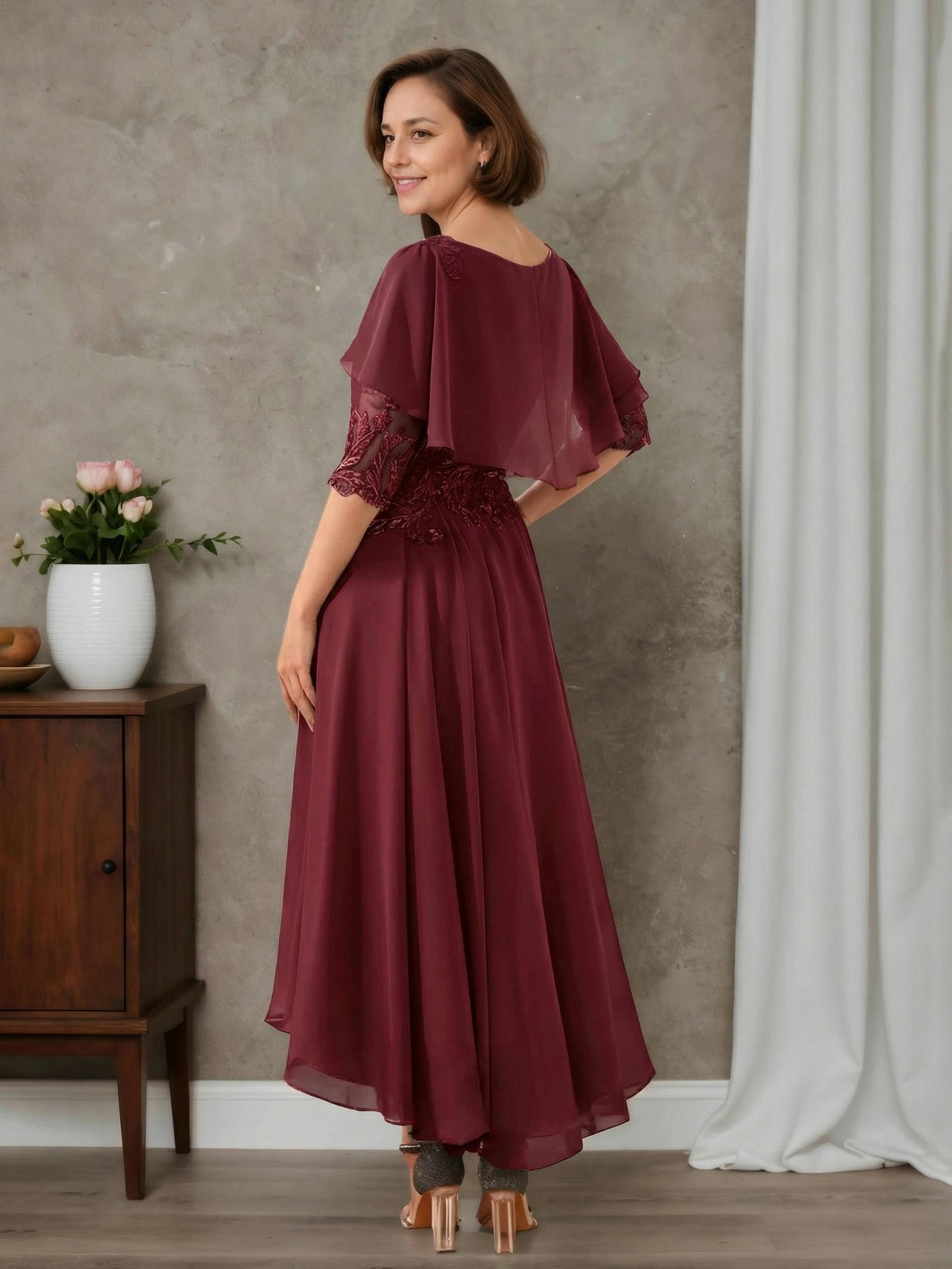 Solenne Elegant A-line Scoop Half Sleeves Asymmetrical Chiffon Mother of the Bride Dresses