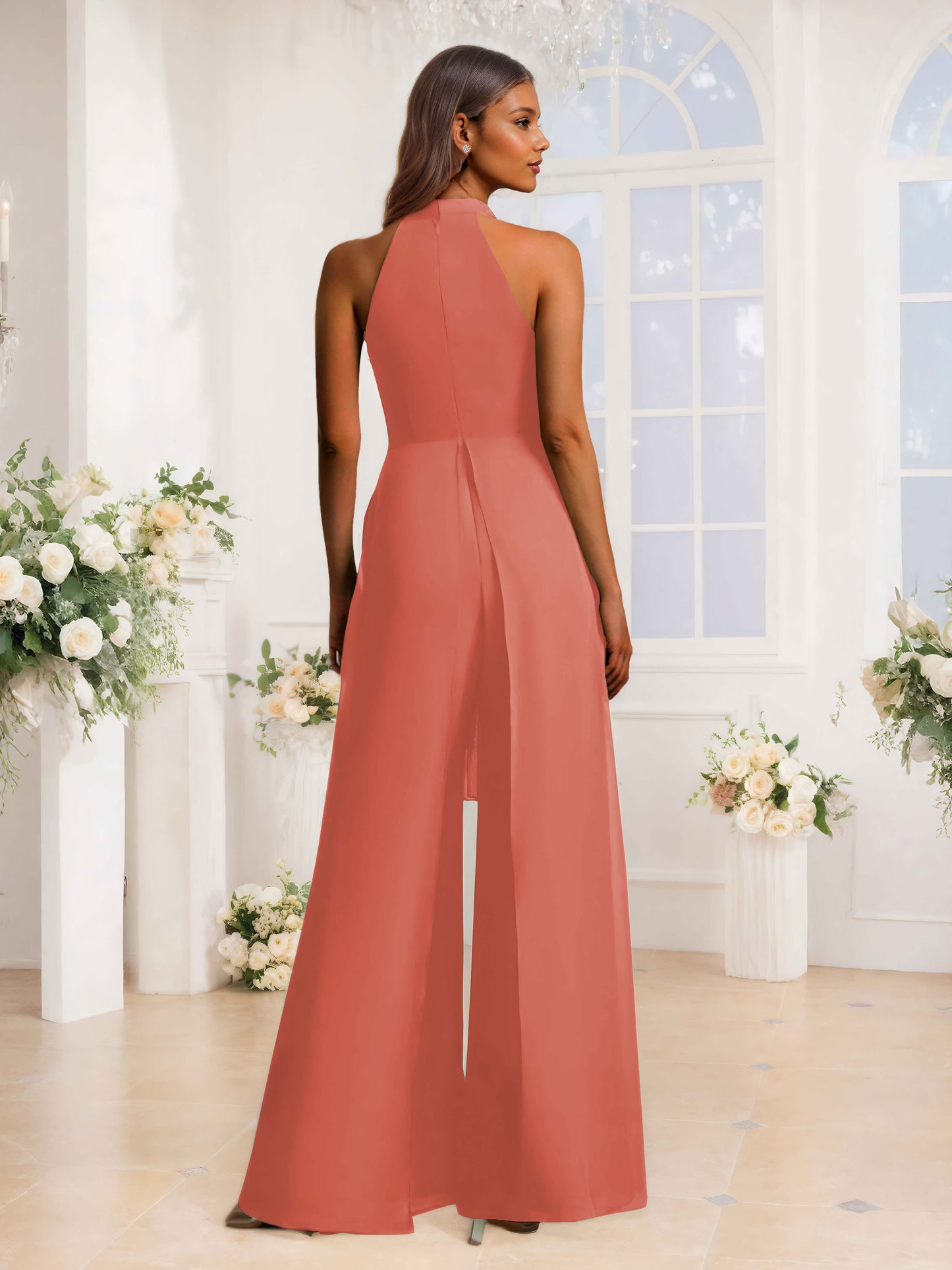 Stylish Halter Neckline Jumpsuits For Bridesmaids With Bow