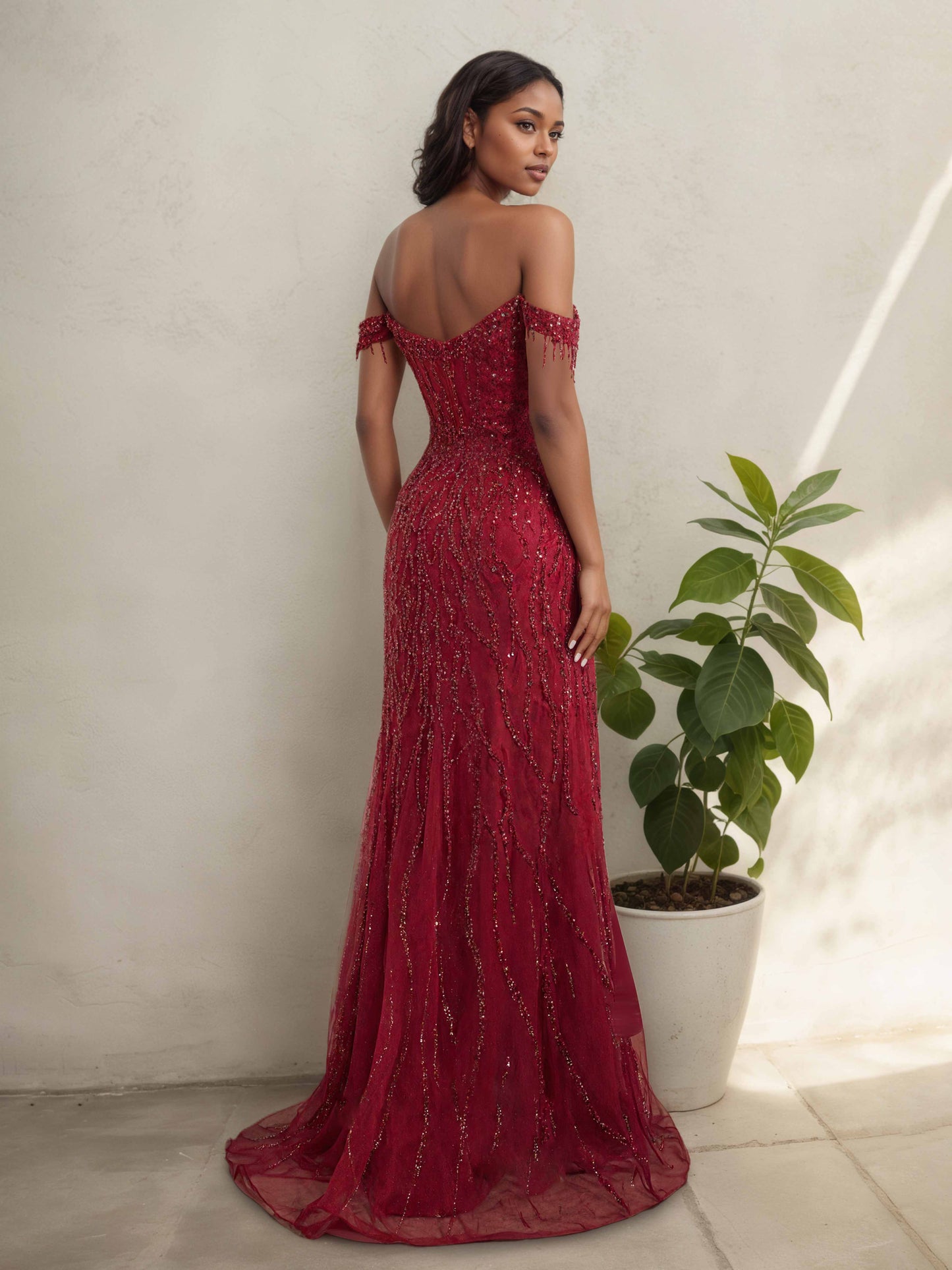 Talira Sparkling Off The Shoulder Sequins Fitted Gowns with Slit