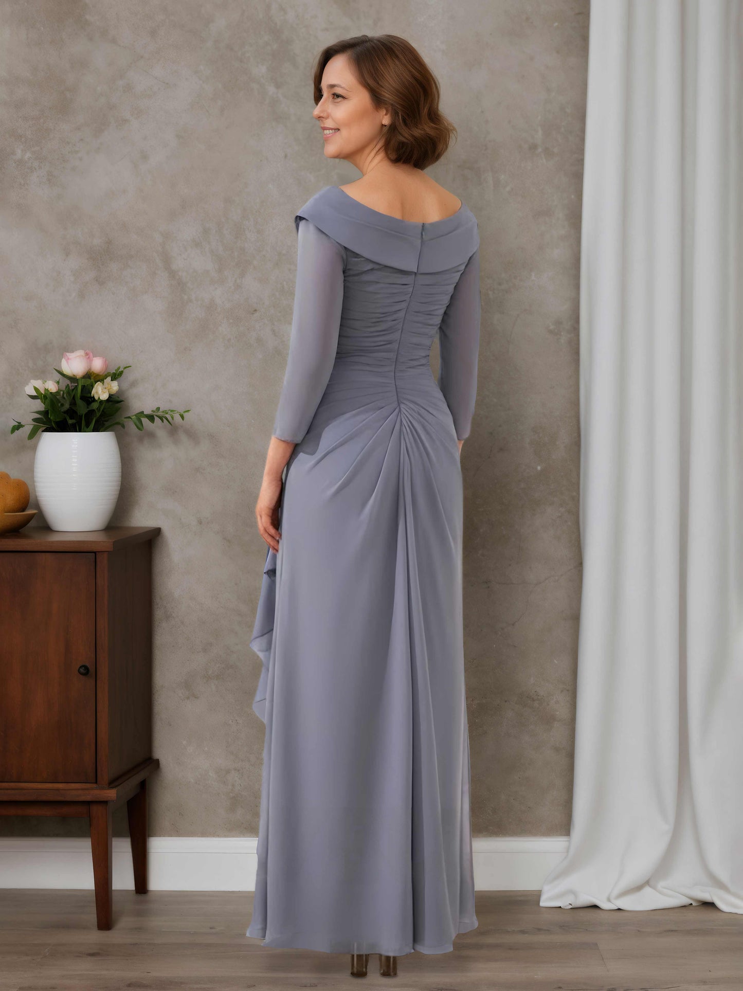 Thea Classsic A-line V-neck 3/4 Sleeves Floor-Length Chiffon Mother of the Bride Dresses with Ruffles