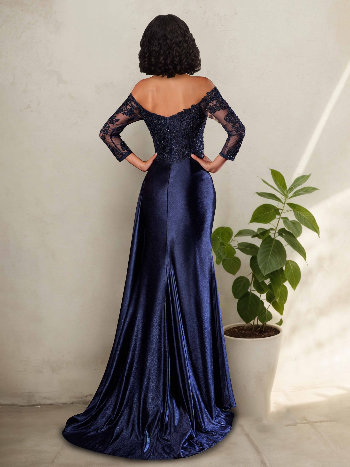Wenia Stylish Off Shoulder 3/4 Sleeves Prom Dresses with Beaded