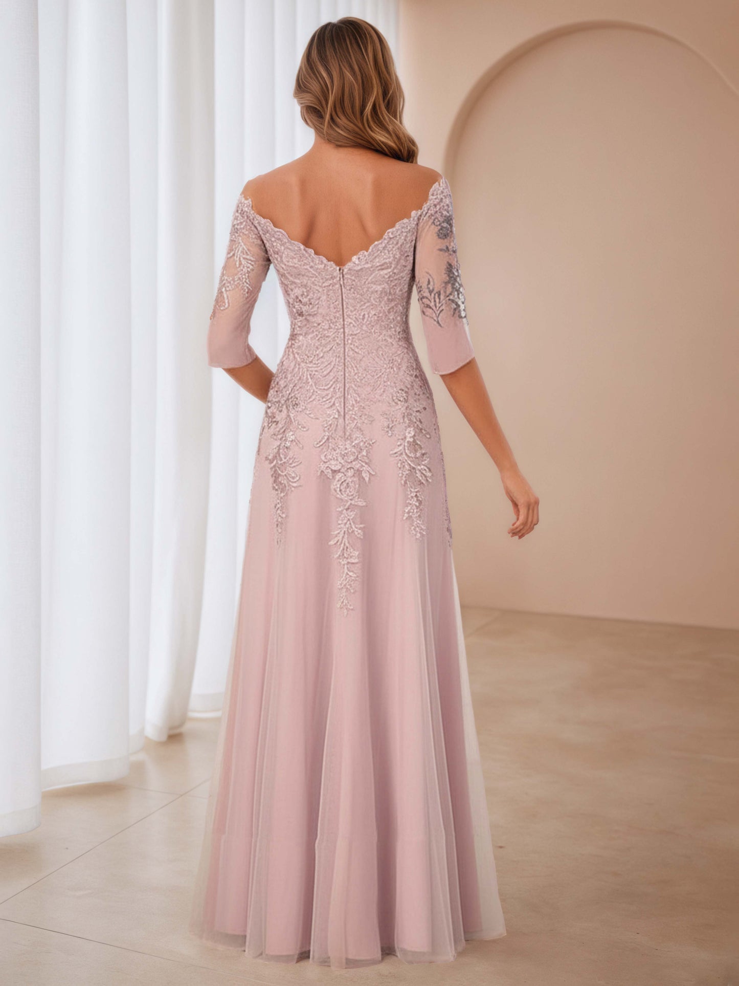 Yenvoria Enchanting Off the Shoulder Lace Appliques Floor Length Chiffon Mother of the Bride Dresses