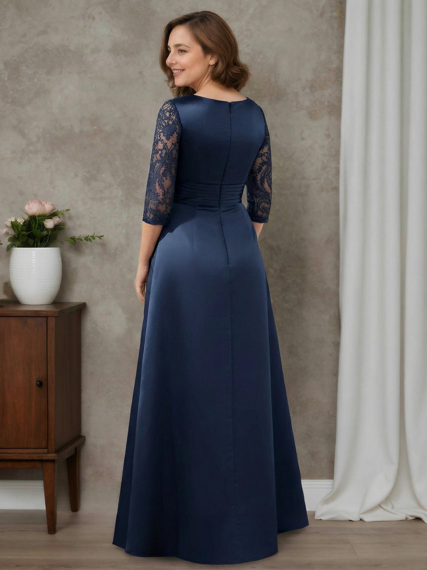 Zaria Elegant Sheath Scoop Half Sleeves Floor-Length Satin Mother of the Bride Dresses with Appliques Lace