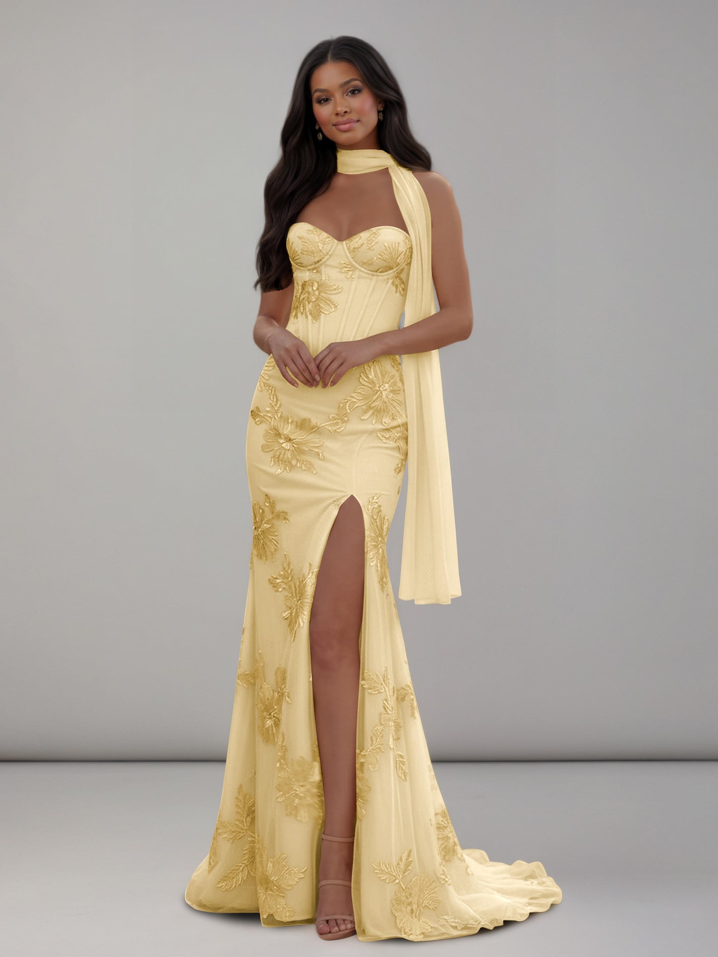 Zeni Sexy Sweetheart Floral Embroidery Long Prom Dresses with Slit