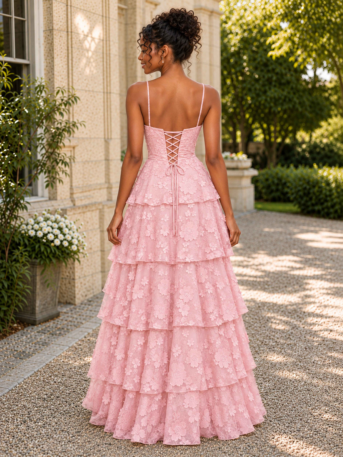 Himella Sweetheart Floral Lace Tiered A-Line Prom Dress with Lace-Up Back