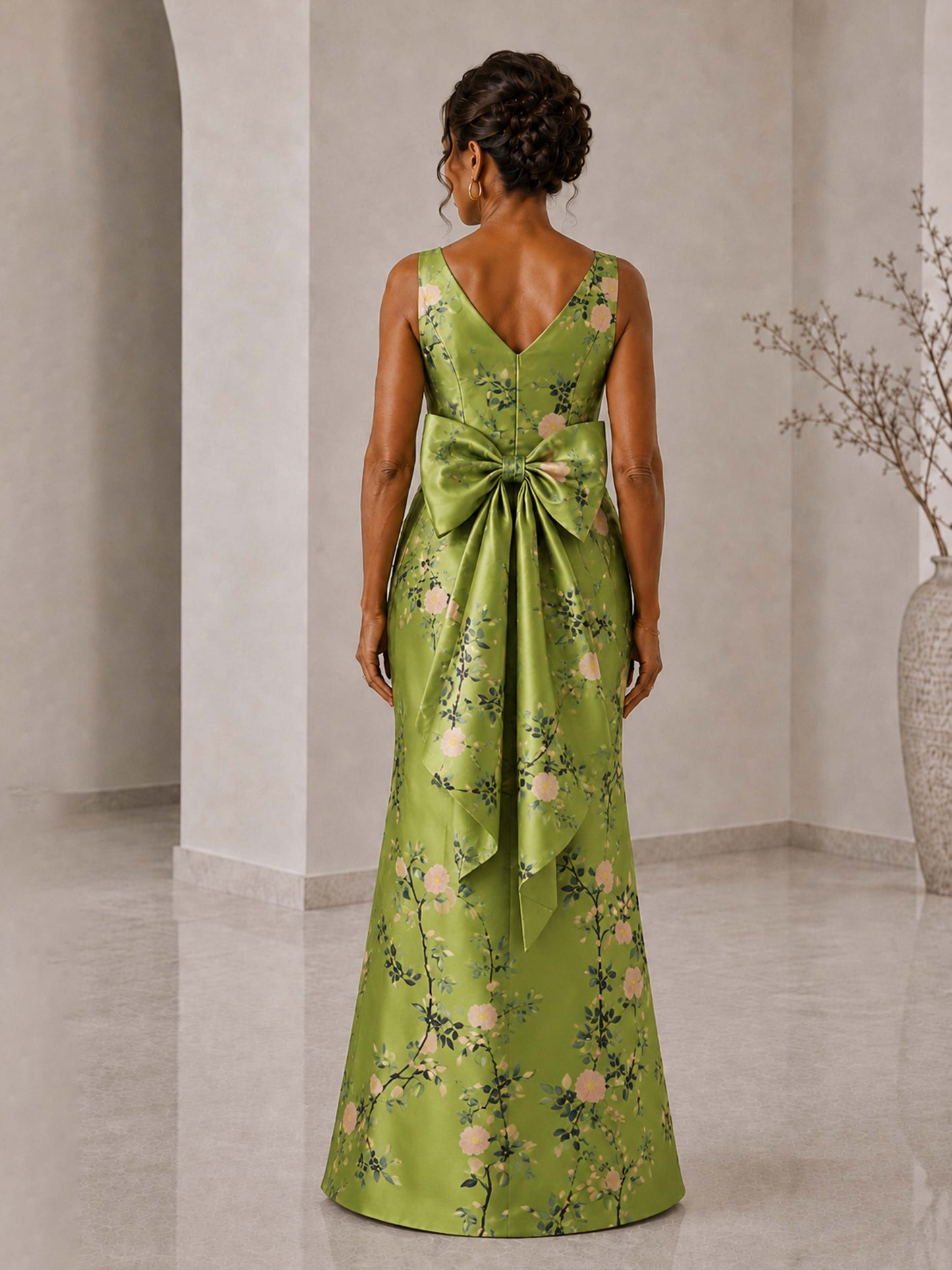 Lioressa V-Neck Floral Satin Sheath Mother of the Bride Dress