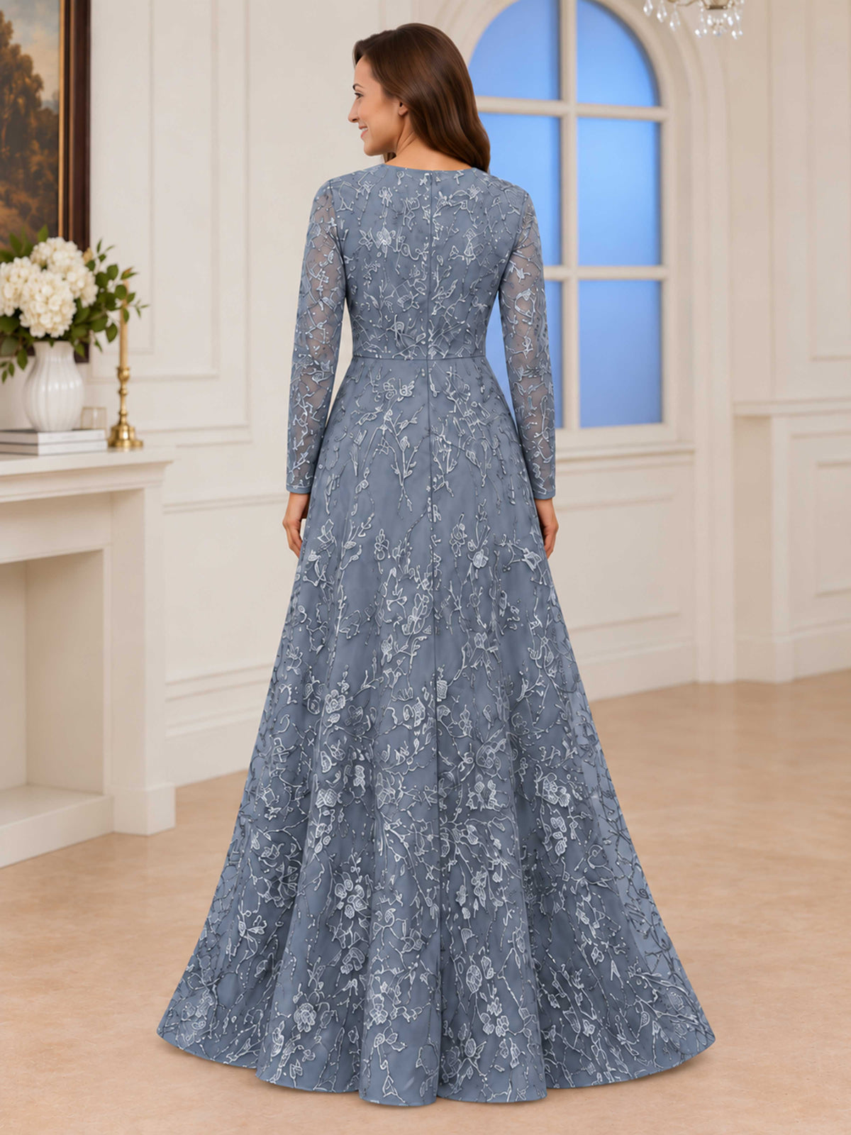 Pravelle A-Line Lace Appliques Long Sleeves Mother of The Bride Dresses With Sleeves
