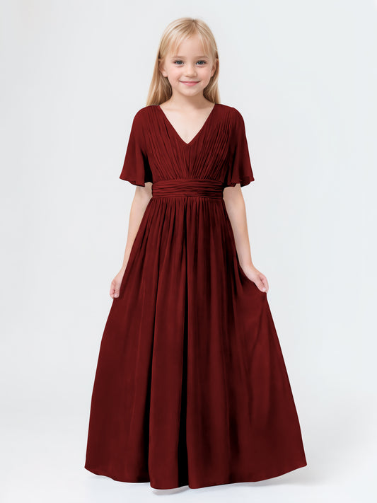 A-Line V-neck Short Sleeves Chiffon Junior Bridesmaid Dresses