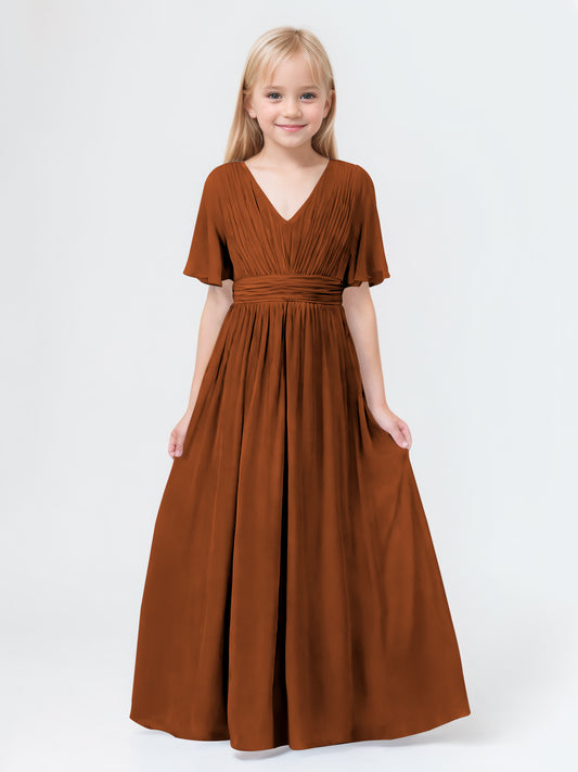 A-Line V-neck Short Sleeves Chiffon Junior Bridesmaid Dresses