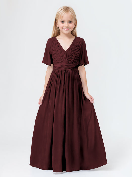 A-Line V-neck Short Sleeves Chiffon Junior Bridesmaid Dresses
