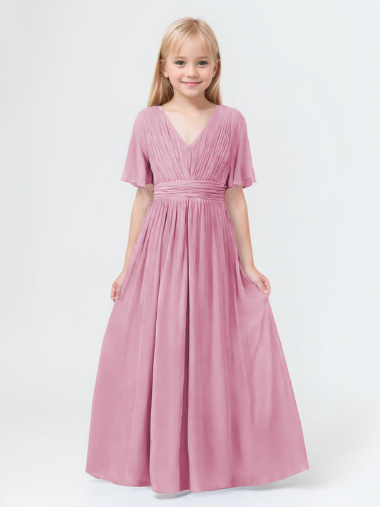 A-Line V-neck Short Sleeves Chiffon Junior Bridesmaid Dresses
