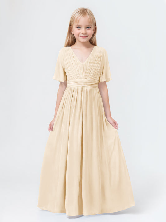 A-Line V-neck Short Sleeves Chiffon Junior Bridesmaid Dresses